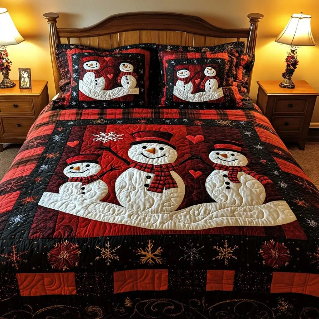 Snowman Family Quilted Bedding Set Warm and Elegant Bedding Gift Set for Every Home