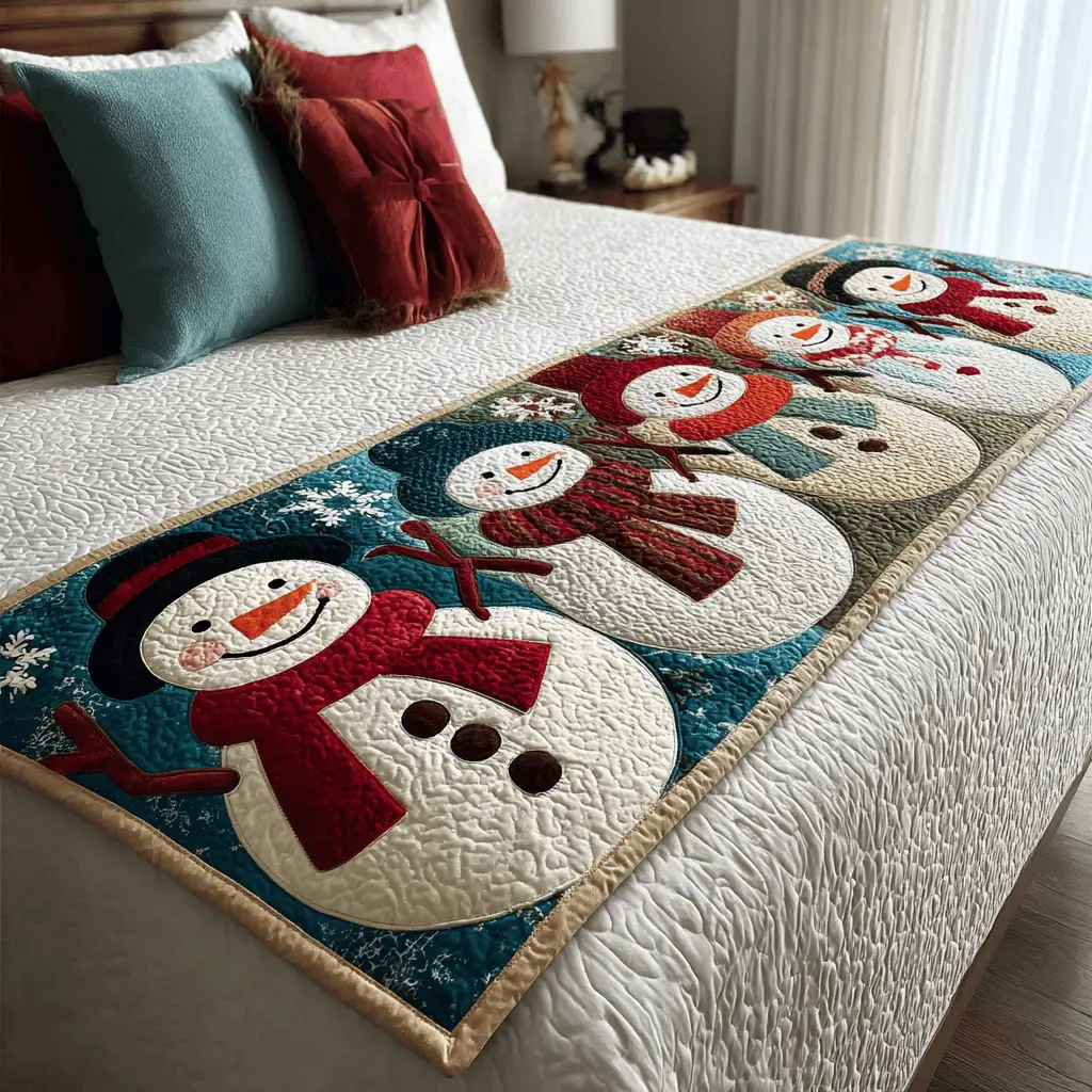 Snowman Gathering Quilted Bed Runner Snowman Gathering Scene Christmas Gift