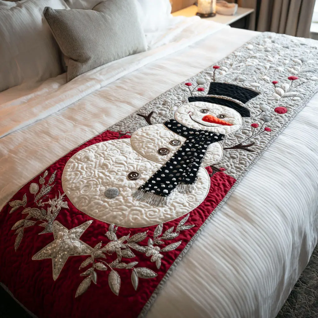 Snowman Glow Quilted Bed Runner Snowman Glow Winter Gift for Grandma