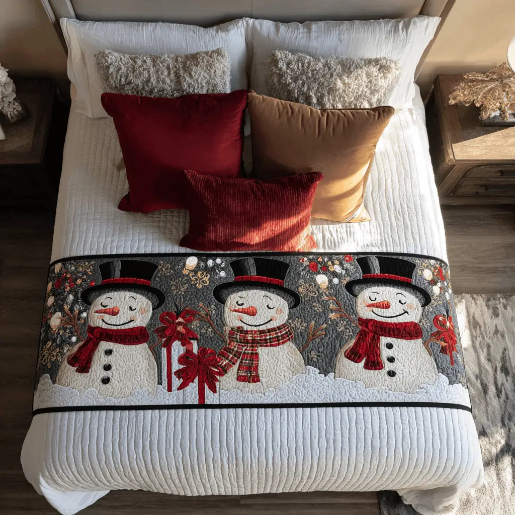 Snowman Joy Quilted Bed Runner Fun Winter Snowman Gift for Kids