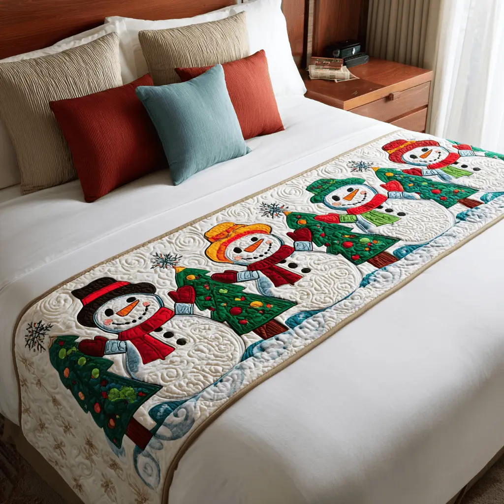 Snowman Joy Quilted Bed Runner Snowman Joy Scene Cheerful Christmas Gift