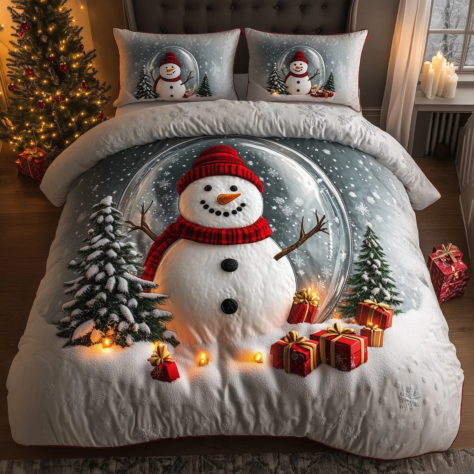 Snowman Lane Christmas Quilted Bedding Set Duvet Cover Bedspread Xmas Gifts For Daughter