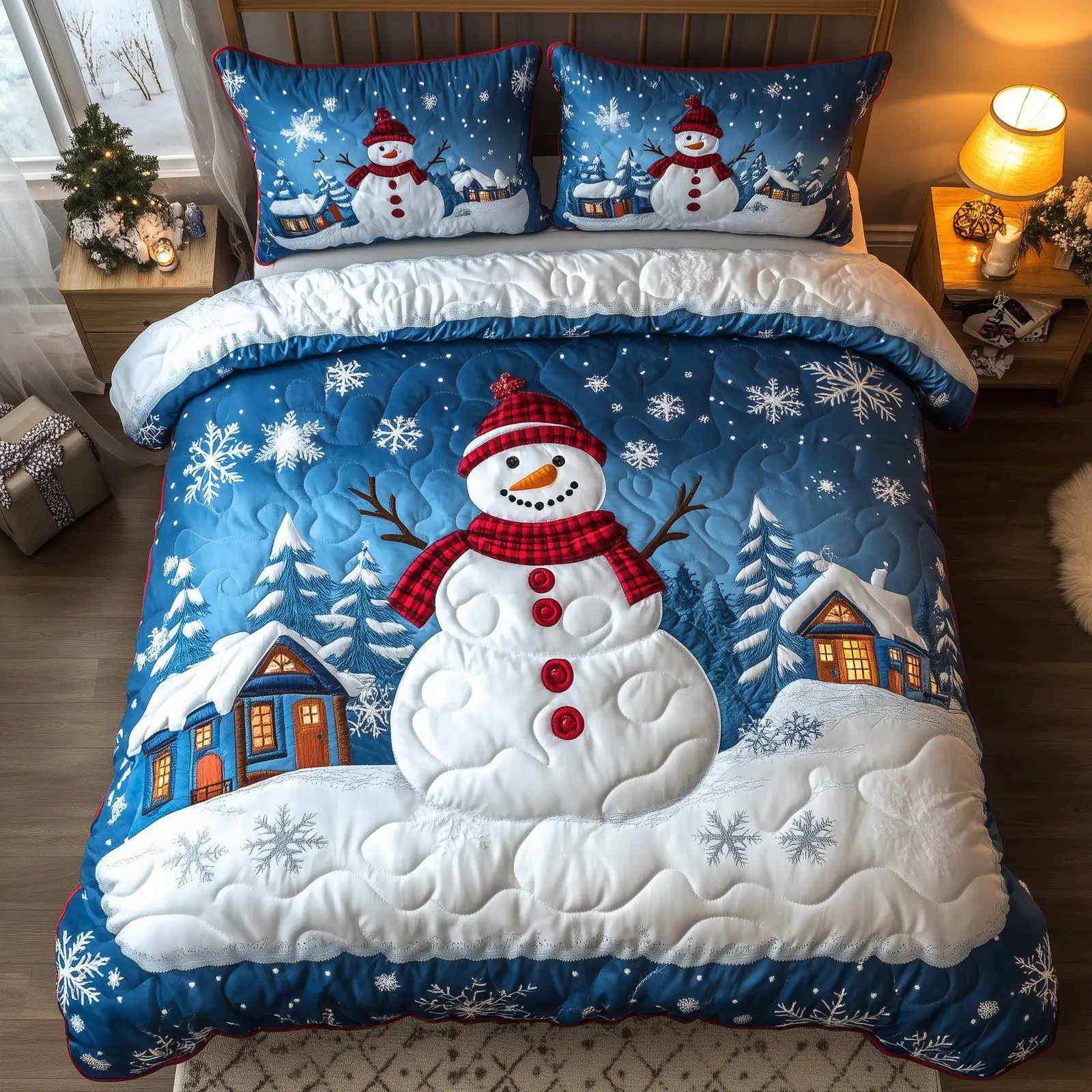 Snowman Lane Quilted Bedding Set Duvet Cover Bedspread Cute Xmas Gifts