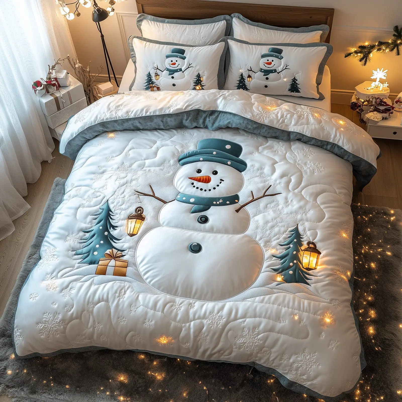 Snowman Lane Quilted Bedding Set Duvet Cover Bedspread Holiday Xmas Gift For Kids