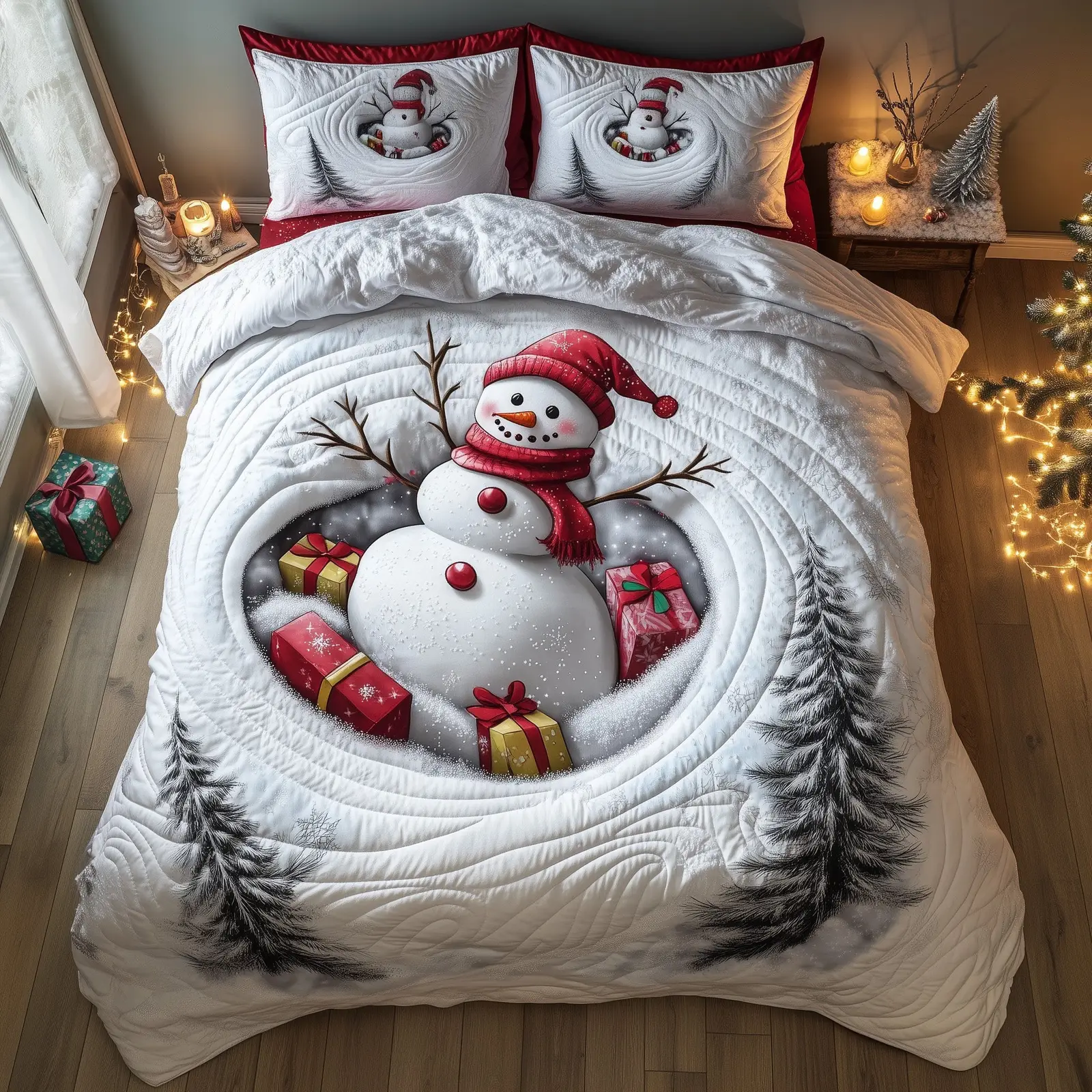 Snowman Lane Quilted Bedding Set Duvet Cover Bedspread Holiday Xmas Gift Ideas