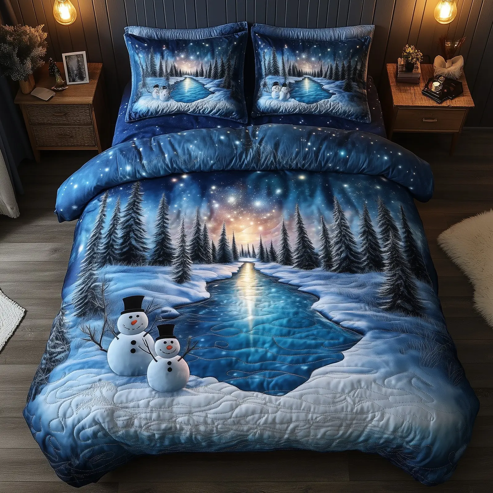 Snowman Lane Quilted Bedding Set Duvet Cover Bedspread Winter Holiday Xmas Presents