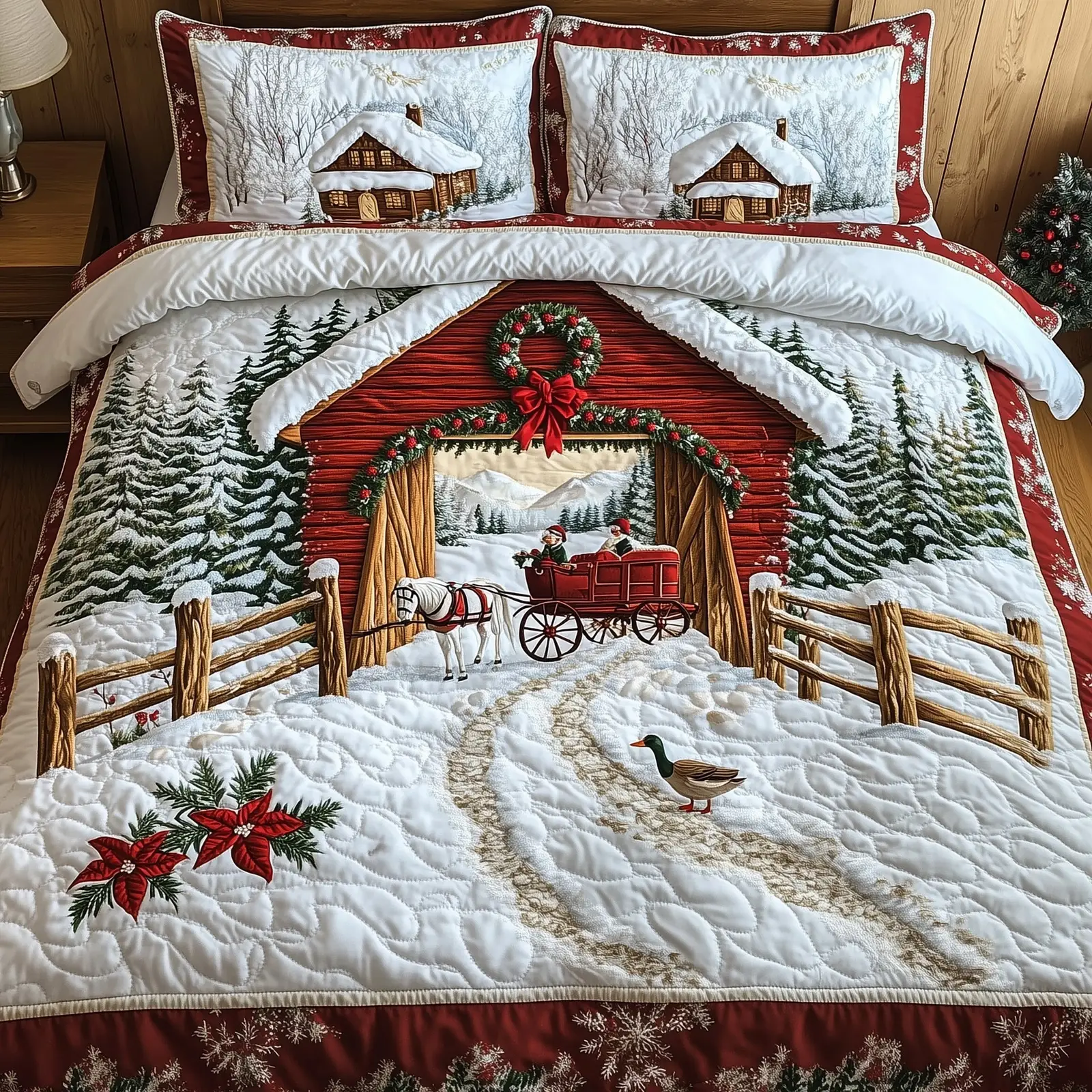 Snowy Farm Quilted Bedding Set  Bed Decoration Horse Christmas Holiday Presents