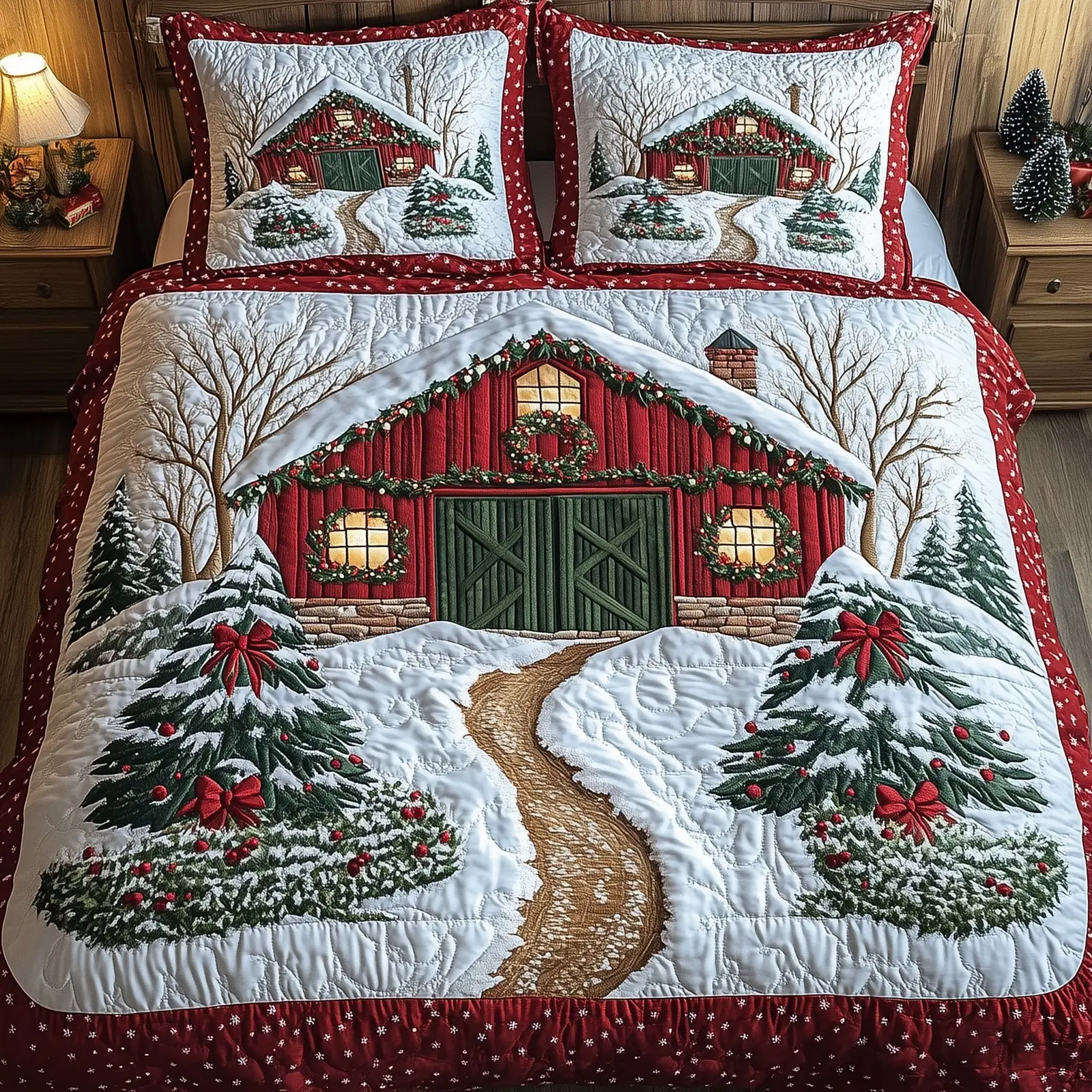 Snowy Farm Quilted Bedding Set  Bedroom Decor Christmas Holiday Gifts For Family