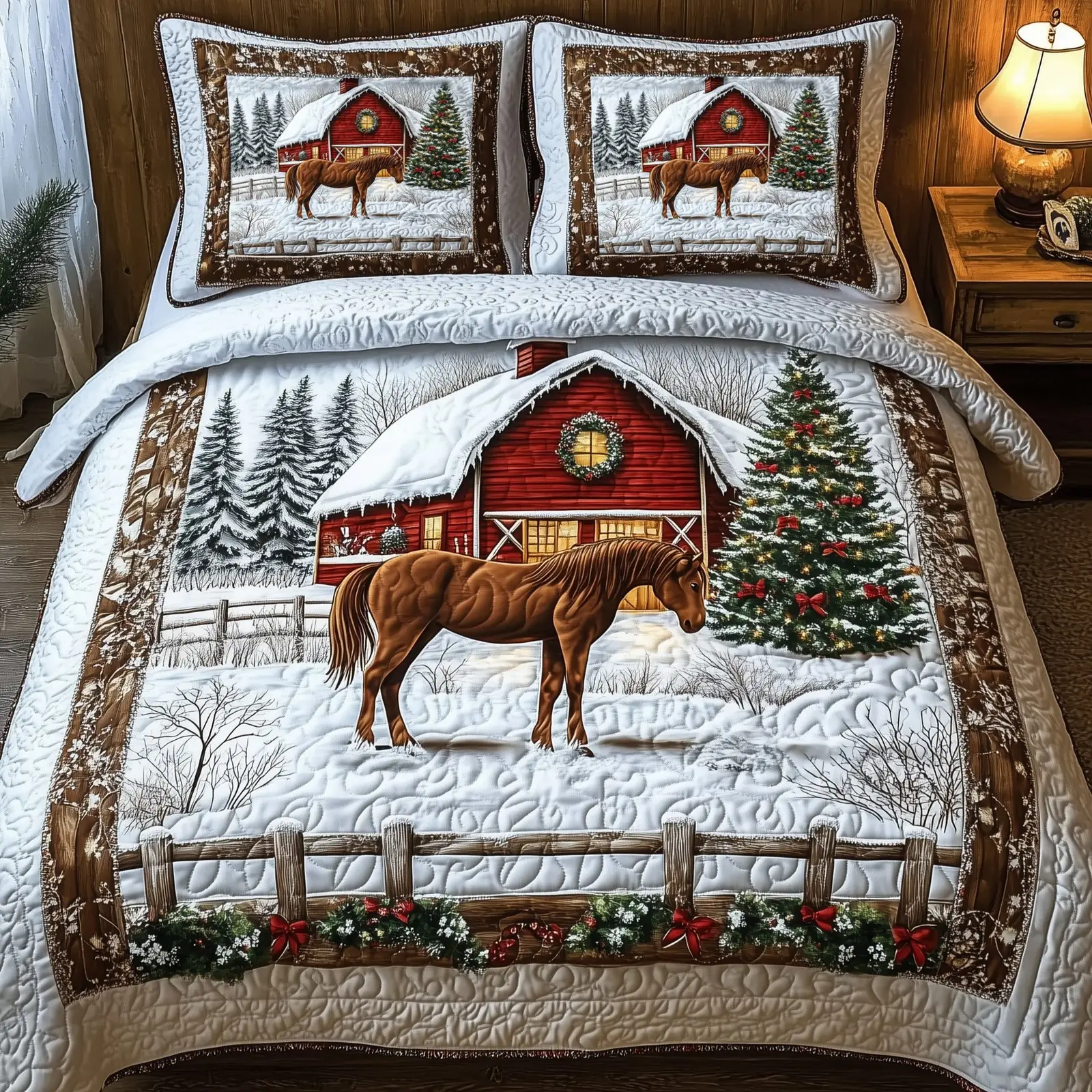 Snowy Farm Quilted Bedding Set  Bedroom Decor Christmas Presents For Horse Lovers