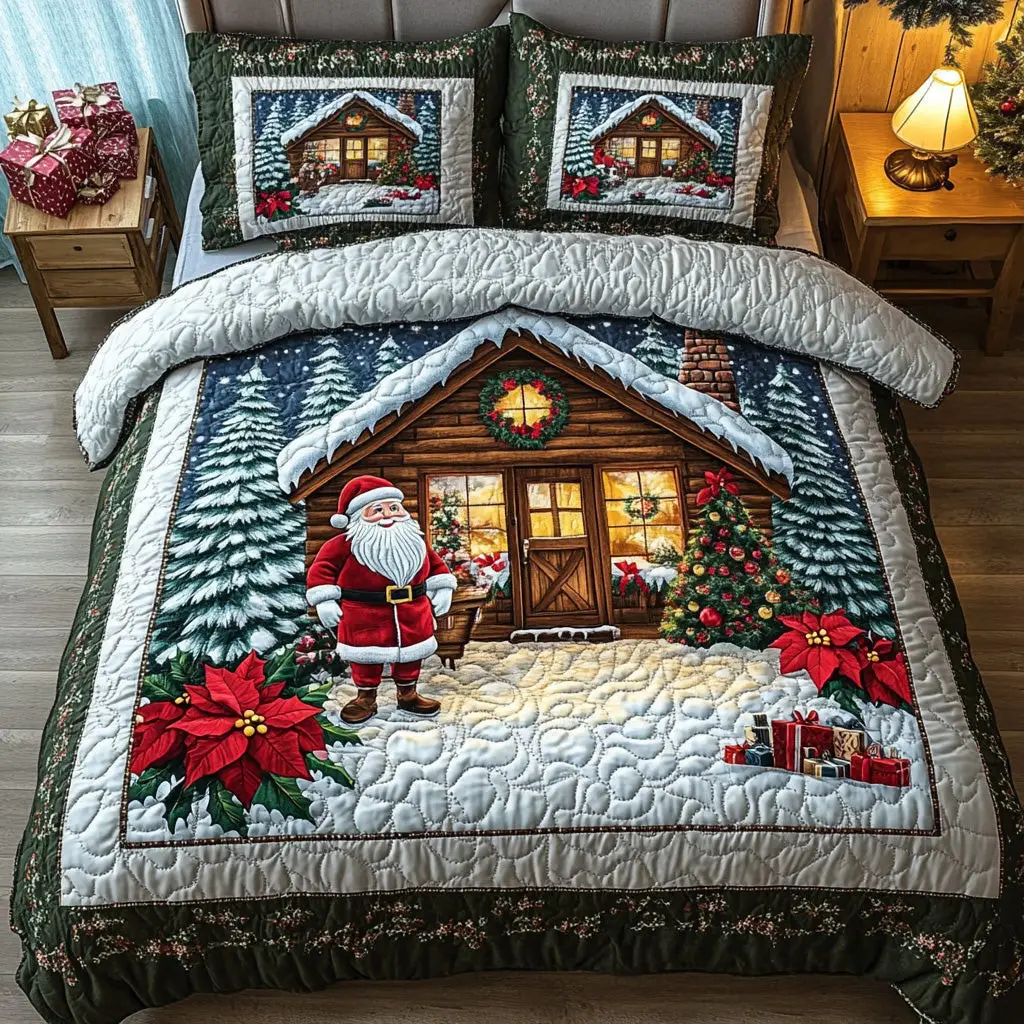 Snowy Farm Quilted Bedding Set  Duvet Cover Santa Claus Christmas Gifts For Farmer