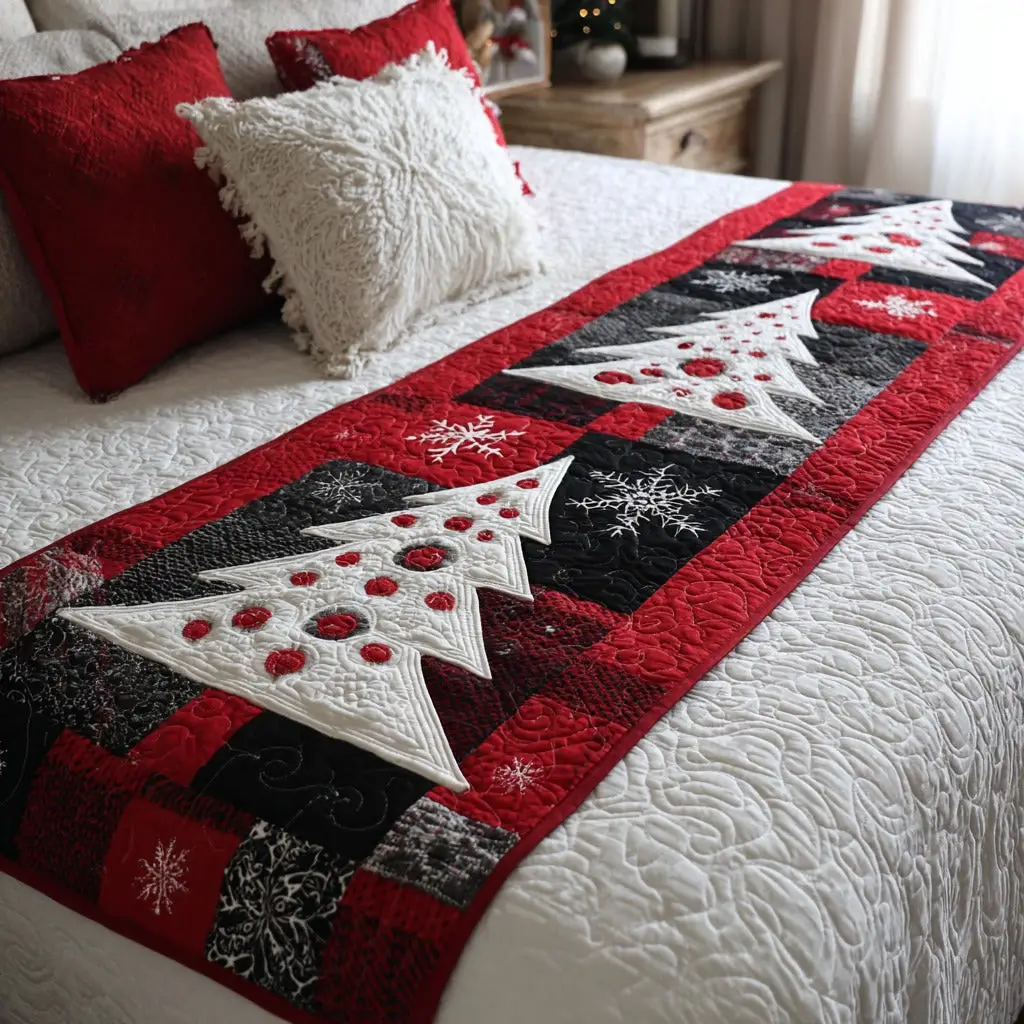 Snowy Forest Quilted Bed Runner Winter Forest Scene Holiday Gift for Friends