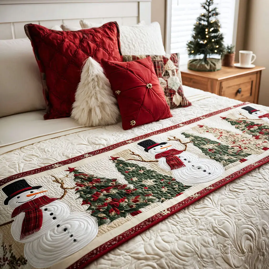Snowy Joy Quilted Bed Runner Winter Home Look Gift for Dad