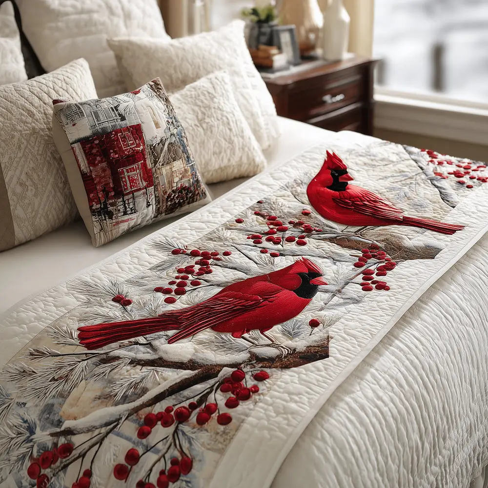 Snowy Perch Delight Quilted Bed Runner Snowy Bird Perch Winter Gift