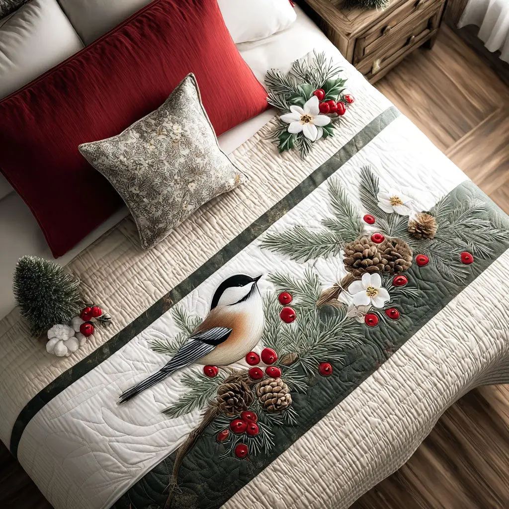 Snowy Pine Perch Quilted Bed Runner Winter Pine Scenic Winter Gift for Grandpa