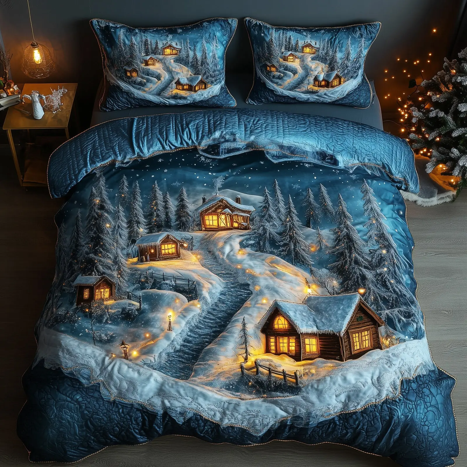 Snowy Retreat Quilted Bedding Set Duvet Cover Bedspread Christmas Holiday Gifts