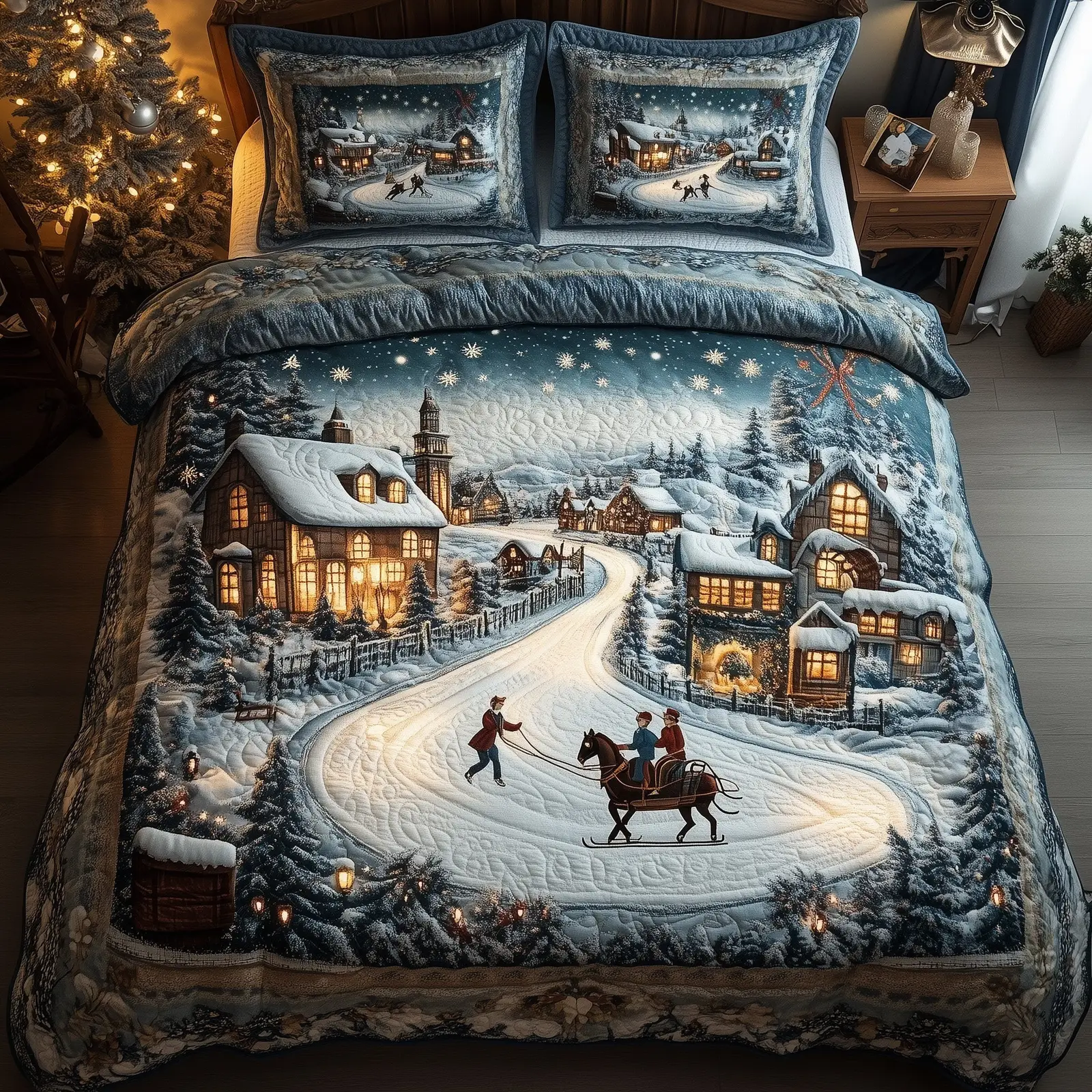 Snowy Retreat Quilted Bedding Set Duvet Cover Bedspread Winter Wonderland Christmas Holiday Gifts For Husband
