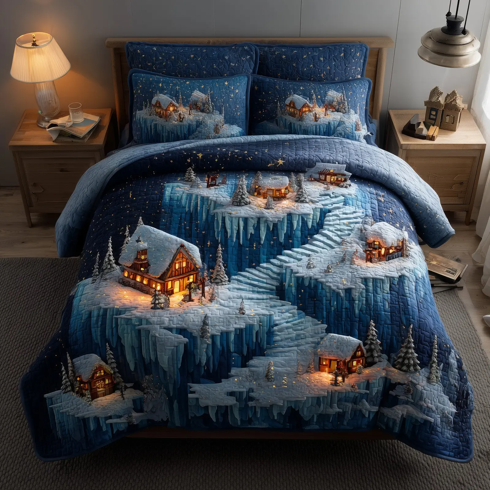 Snowy Retreat Quilted Bedding Set Duvet Cover Bedspread Winter Wonderland Christmas Holiday Present Ideas