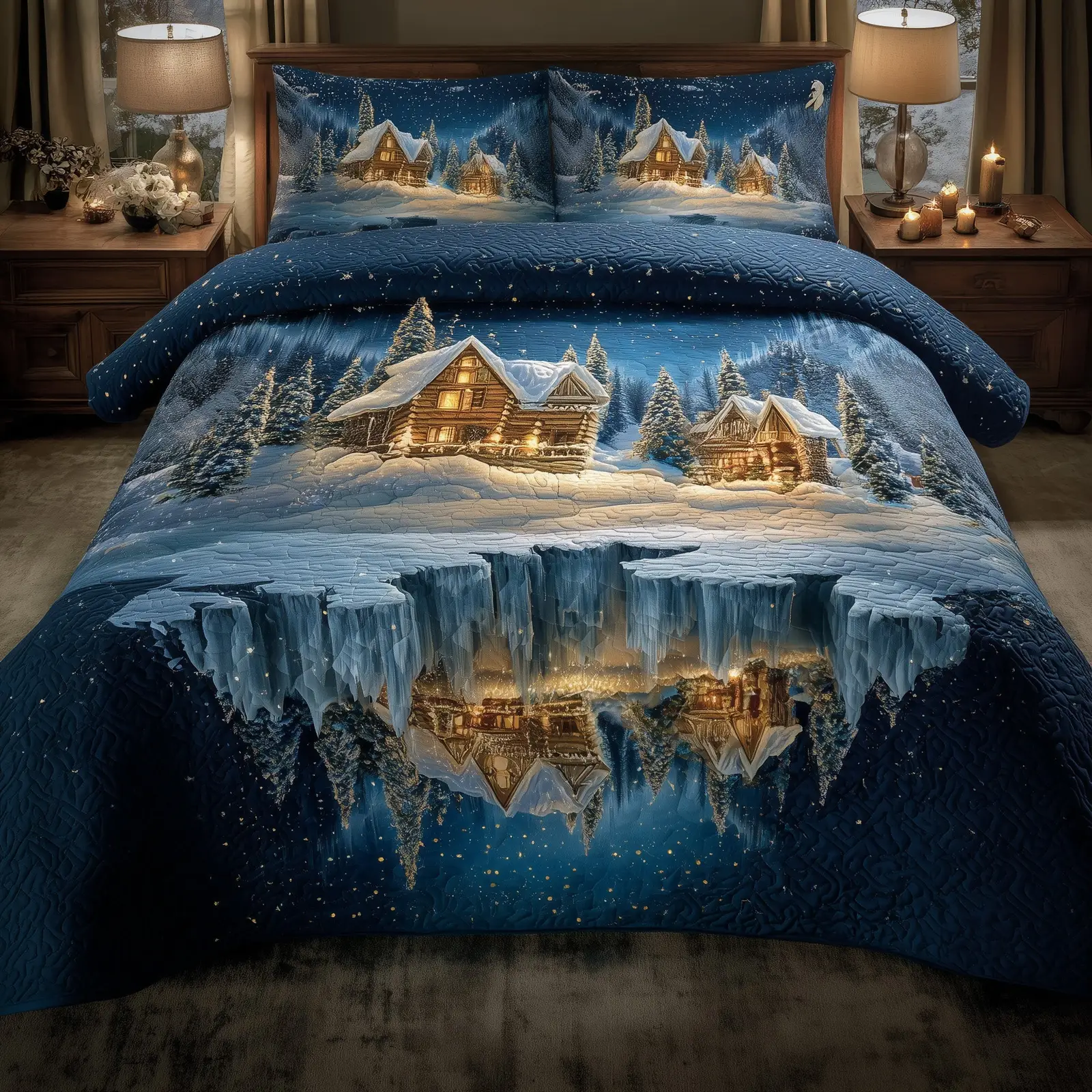 Snowy Retreat Quilted Bedding Set Duvet Cover Bedspread Winter Wonderland Gift Xmas Gifts For Wife