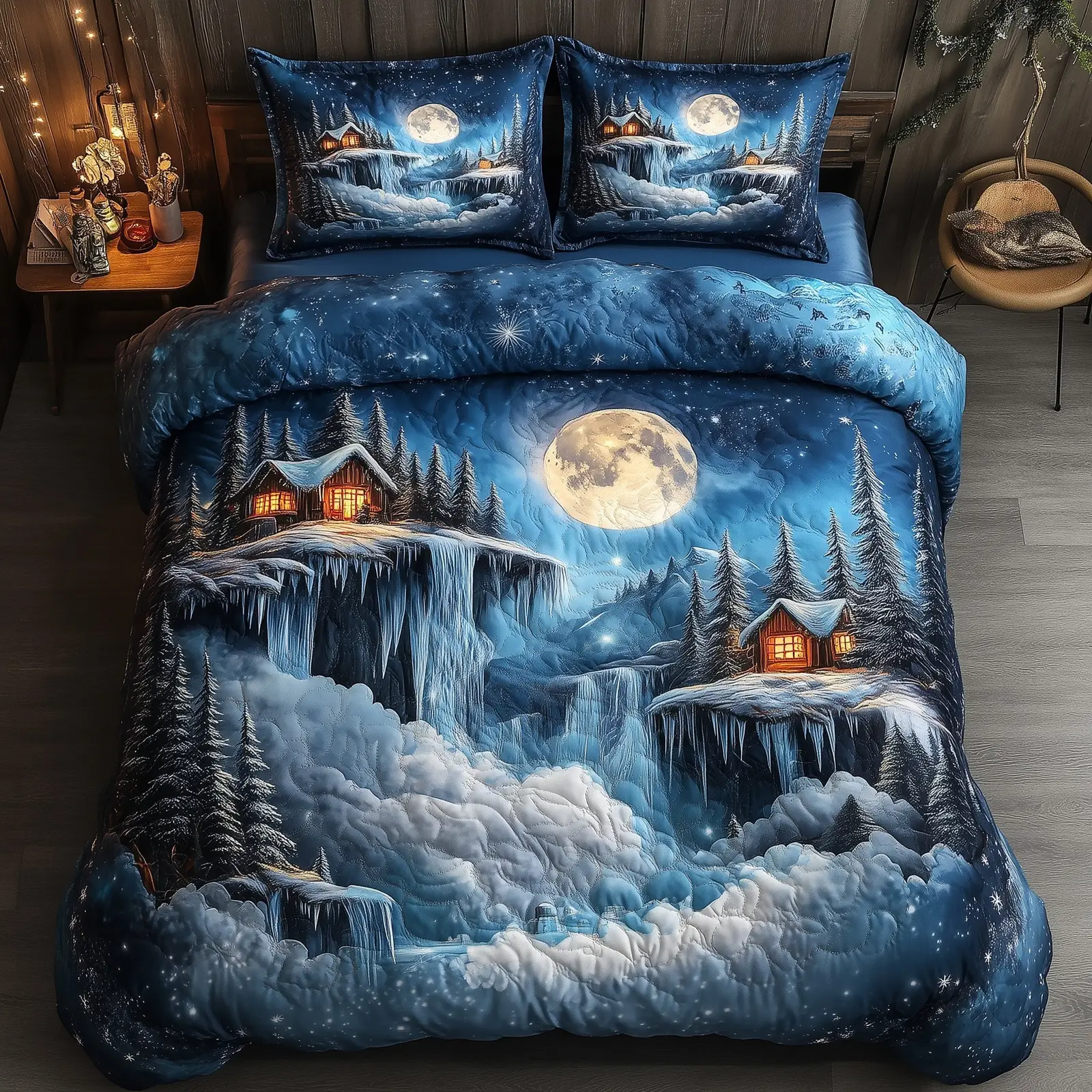Snowy Retreat Quilted Bedding Set Duvet Cover Bedspread Winter Wonderland Xmas Gift Ideas For Husband