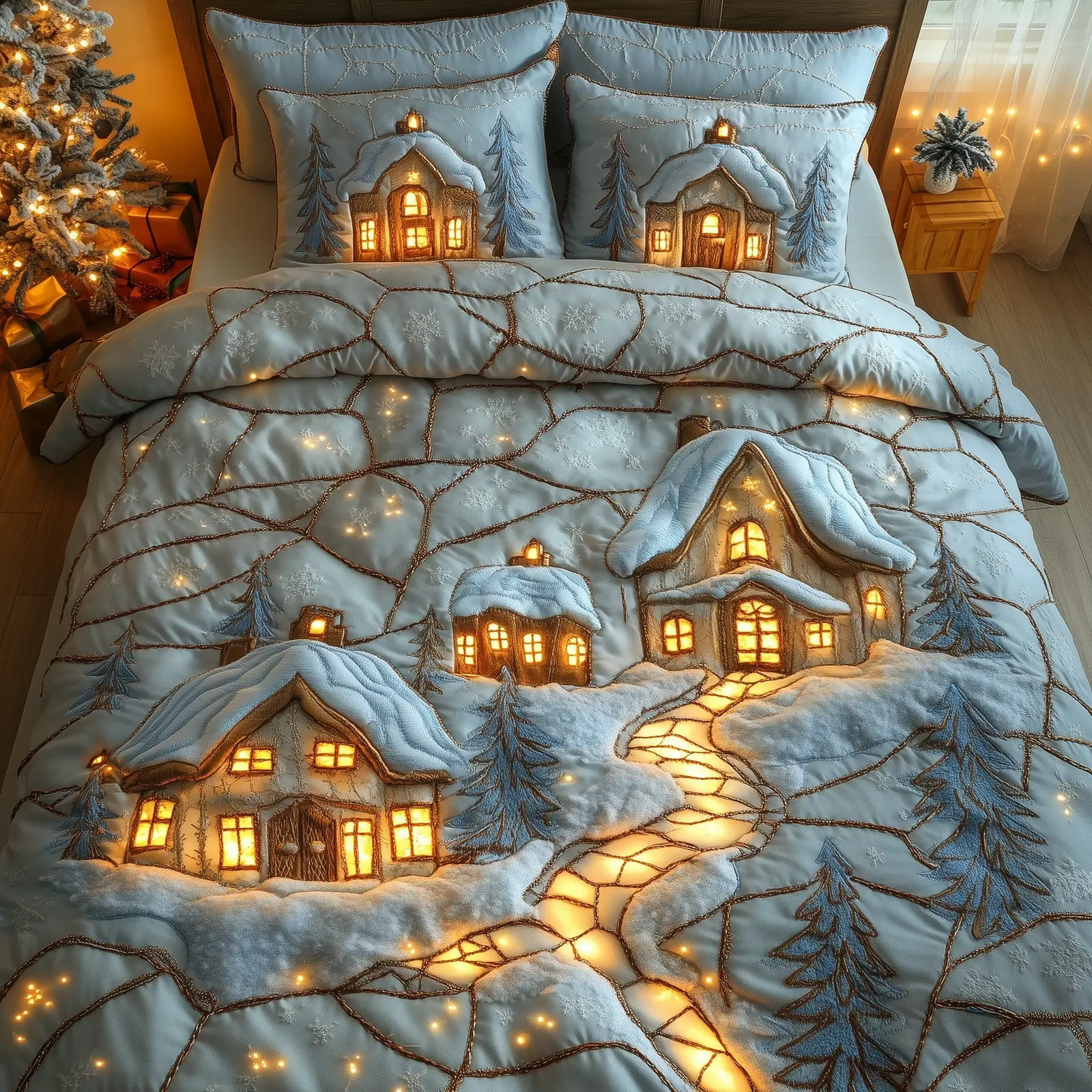 Snowy Retreat Quilted Bedding Set Duvet Cover Bedspread Winter Wonderland Xmas Gifts For Friends