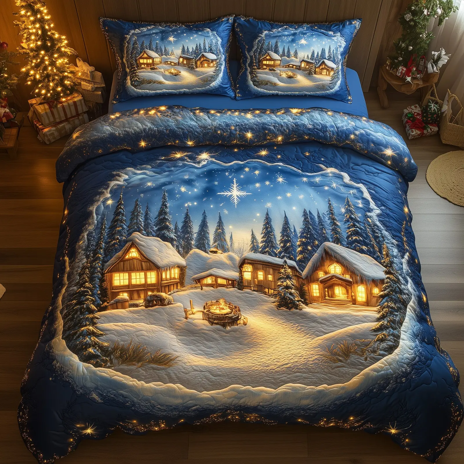 Snowy Retreat Quilted Bedding Set Duvet Cover Bedspread Winter Wonderland Xmas Gifts