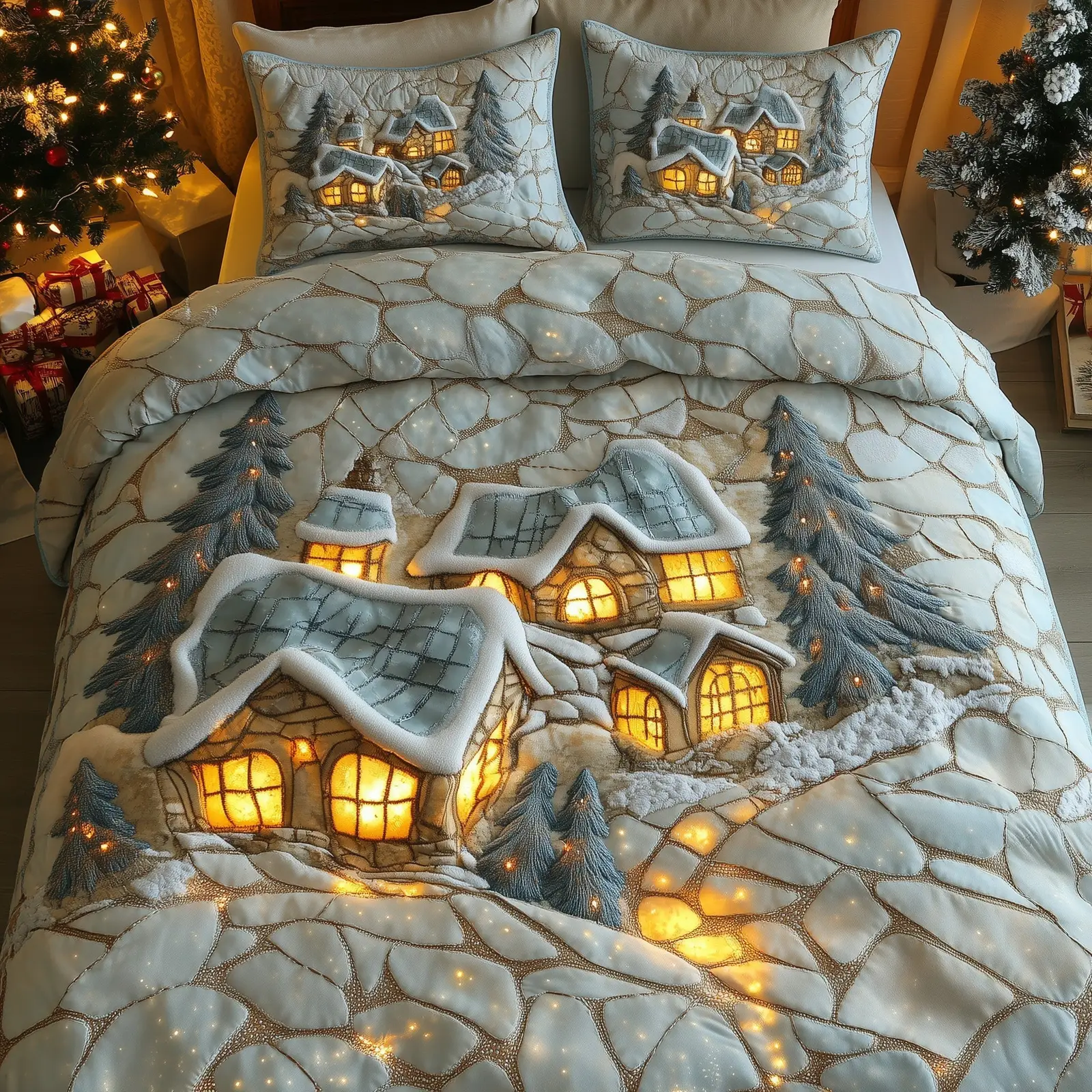 Snowy Retreat Quilted Bedding Set Duvet Cover Bedspread Winter Wonderland Xmas Holiday Gifts For Friends