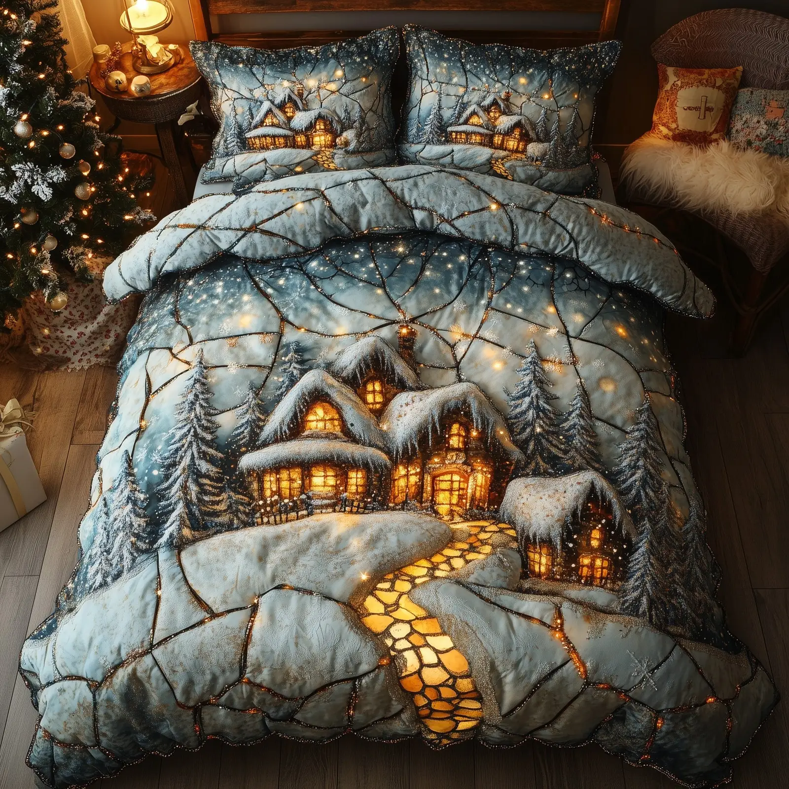Snowy Retreat Quilted Bedding Set Duvet Cover Bedspread Winter Wonderland Xmas Holiday Gifts For Wife
