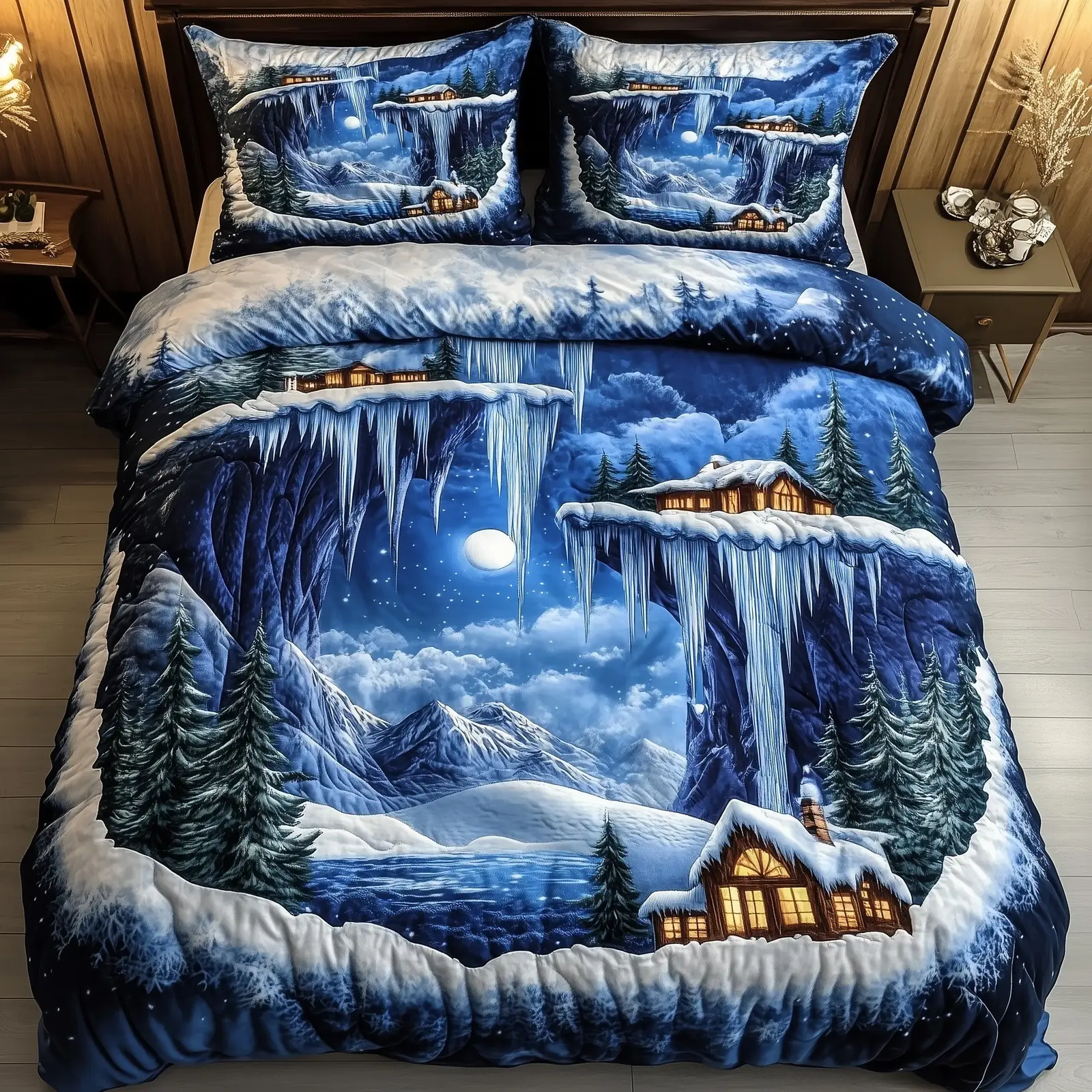 Snowy Retreat Quilted Bedding Set Duvet Cover Bedspread Winter Wonderland Xmas Presents
