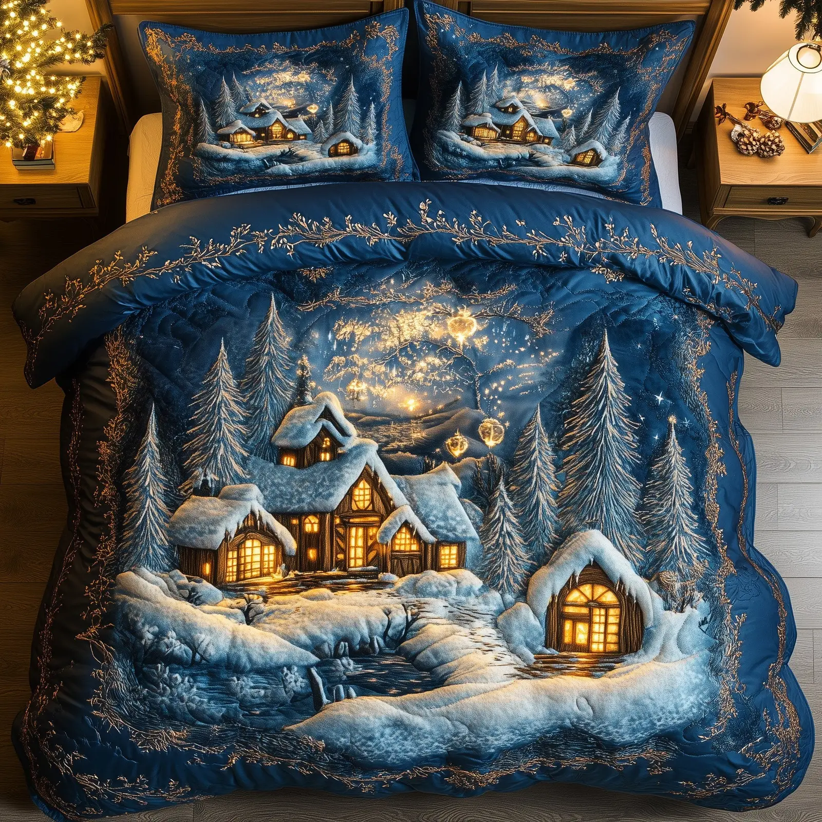 Snowy Retreat Quilted Bedding Set Duvet Cover Bedspread Xmas Holiday Gifts