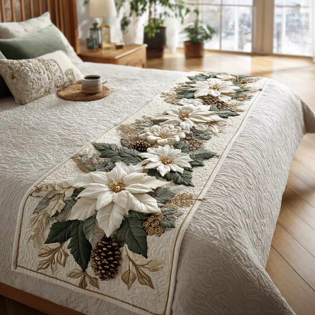 Snowy Splendor Quilted Bed Runner Winter Inspired Look Gift for Grandma