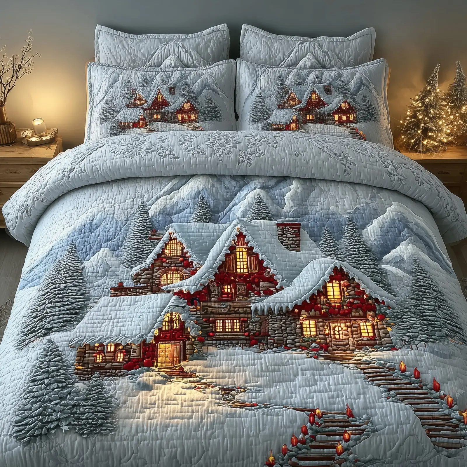 Snowy Village Quilted Bedding Set Bed Decoration Christmas Holiday Gifts For Friends