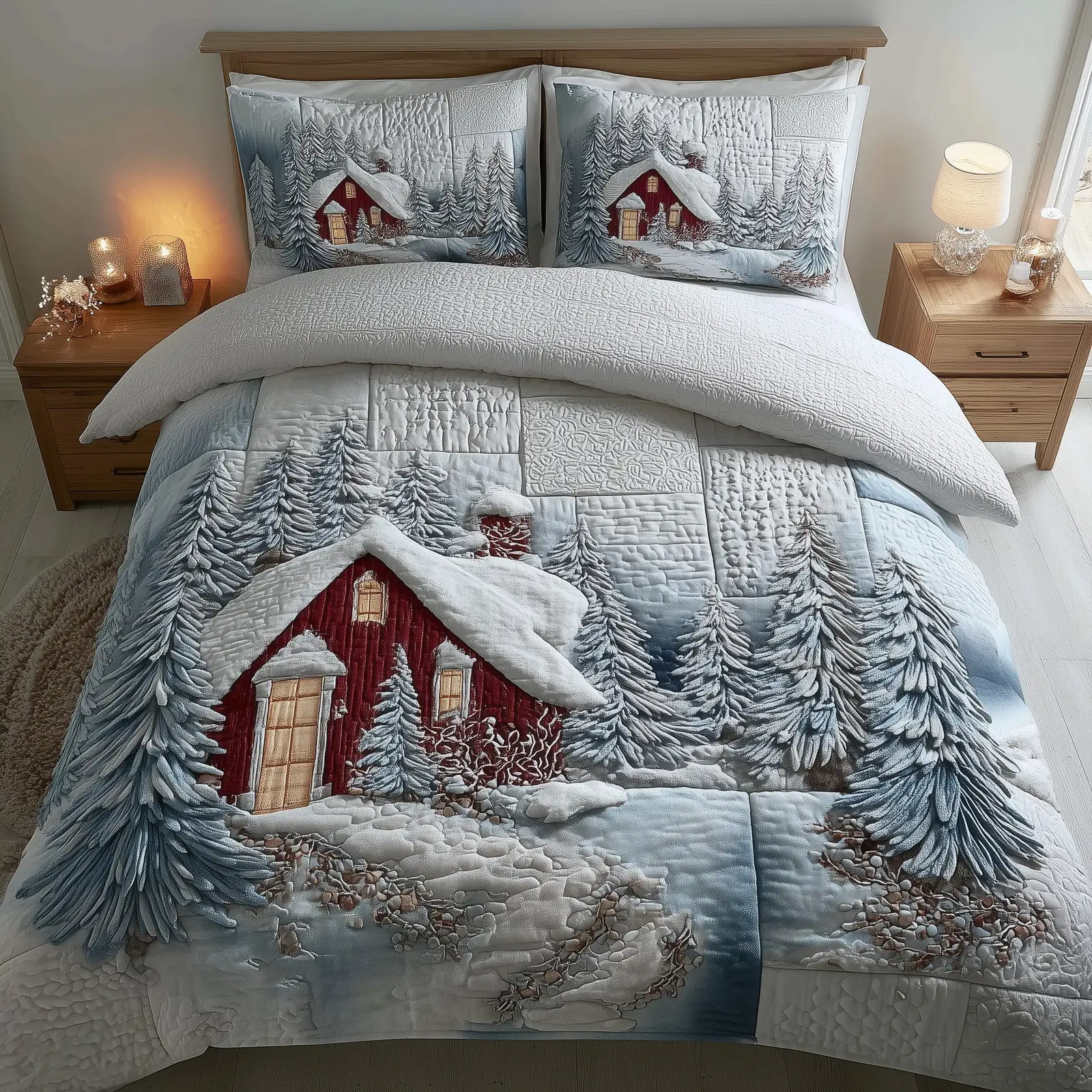 Snowy Village Quilted Bedding Set Bedroom Decor Christmas Holiday Gifts For Lovers