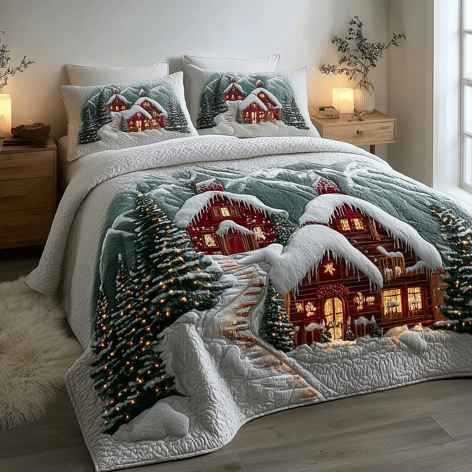 Snowy Village Quilted Bedding Set Duvet Bed Set Christmas Holiday Gift Ideas