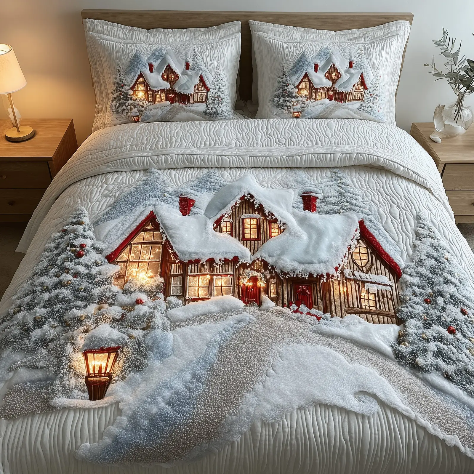 Snowy Village Quilted Bedding Set Duvet Bed Set Cute Christmas Holiday Presents For Her