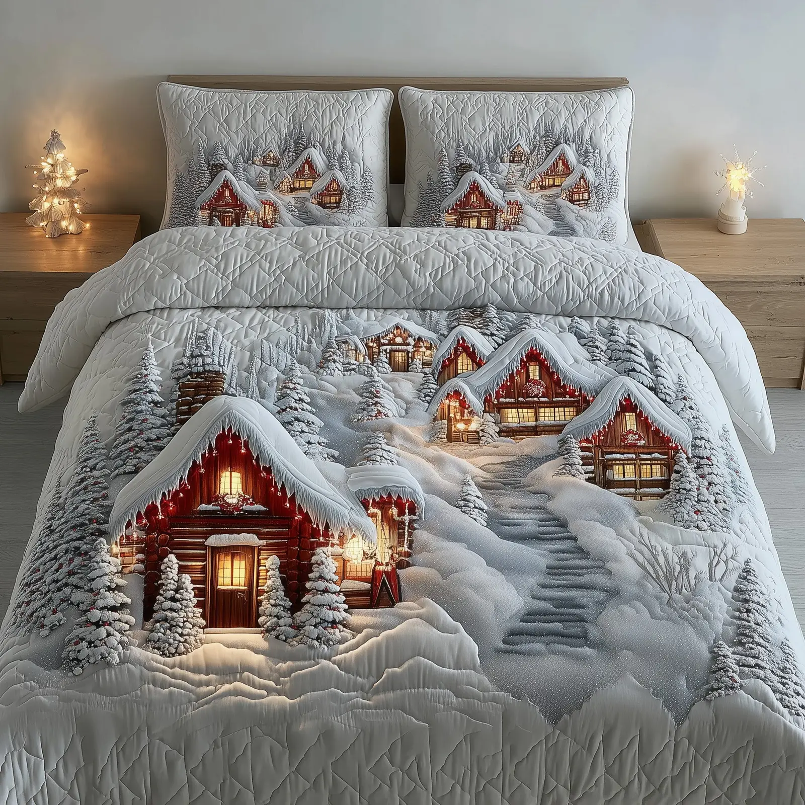 Snowy Village Quilted Bedding Set Duvet Bedspead Christmas Holiday Gifts For Mom