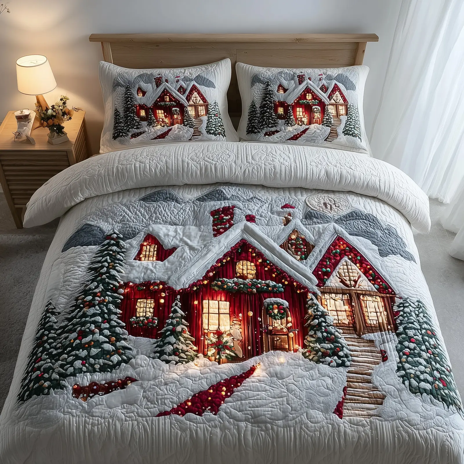 Snowy Village Quilted Bedding Set Duvet Cover Bedspead Christmas Holiday Present Ideas