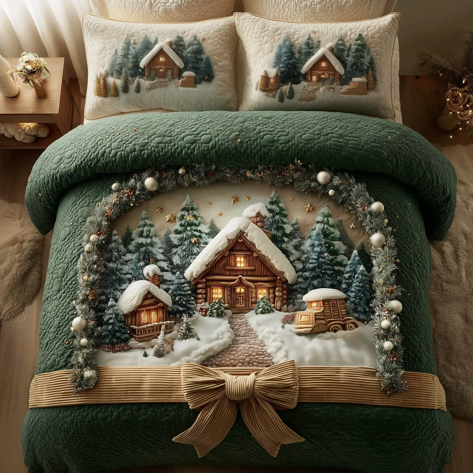 Snowy Village Quilted Bedding Set Duvet Cover Bedspread Best Xmas Gifts