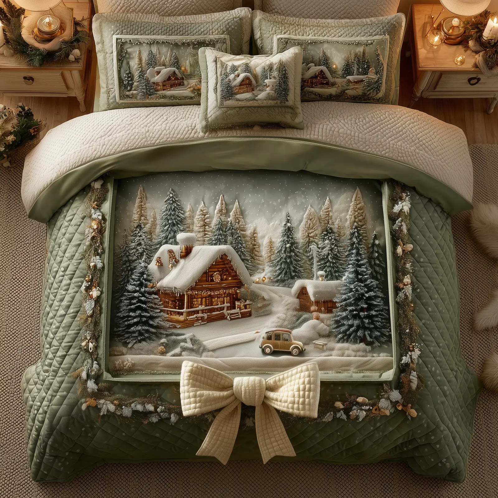 Snowy Village Quilted Bedding Set Duvet Cover Bedspread Best Xmas Holiday Gifts For Friends