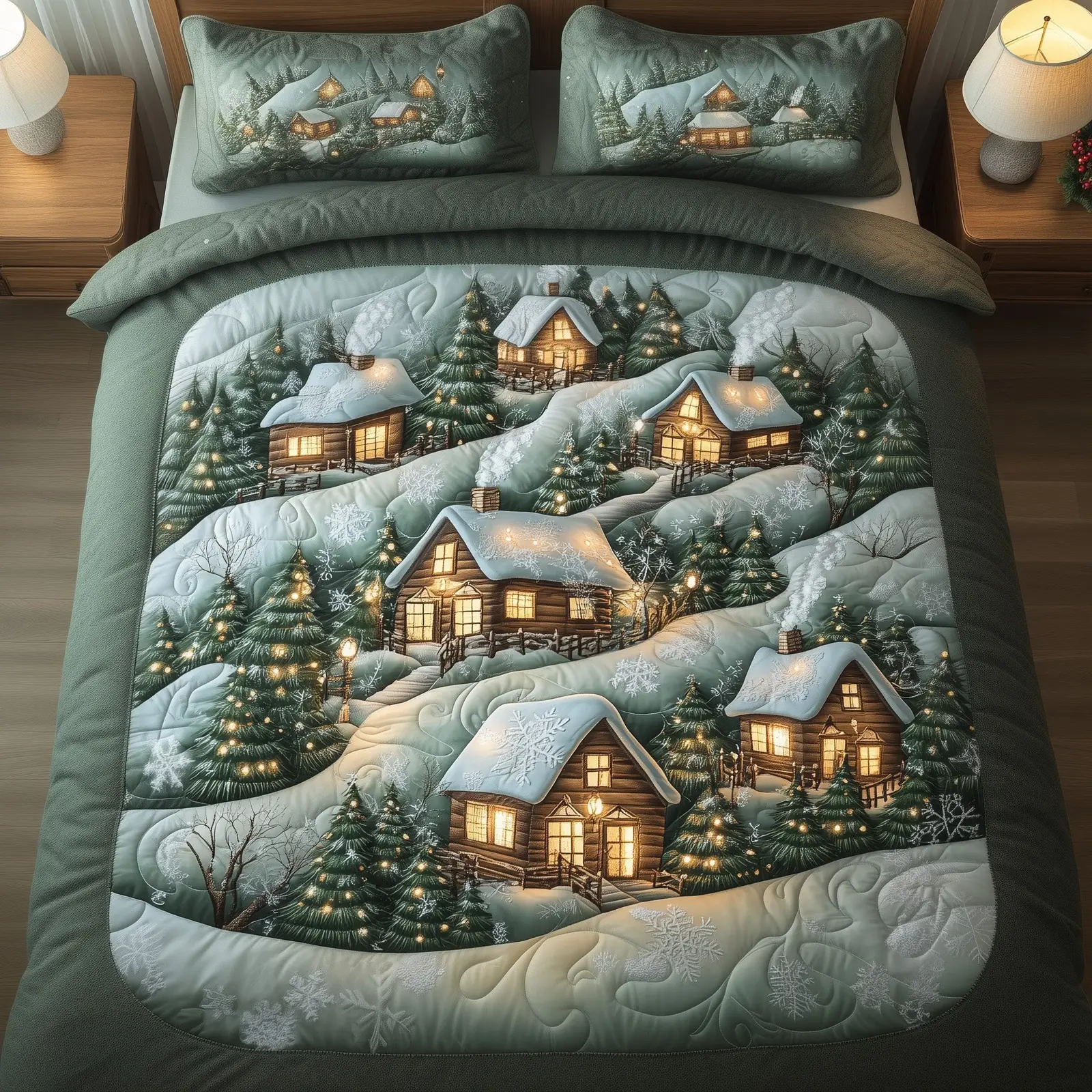 Snowy Village Quilted Bedding Set Duvet Cover Bedspread Christmas Gifts For Friends