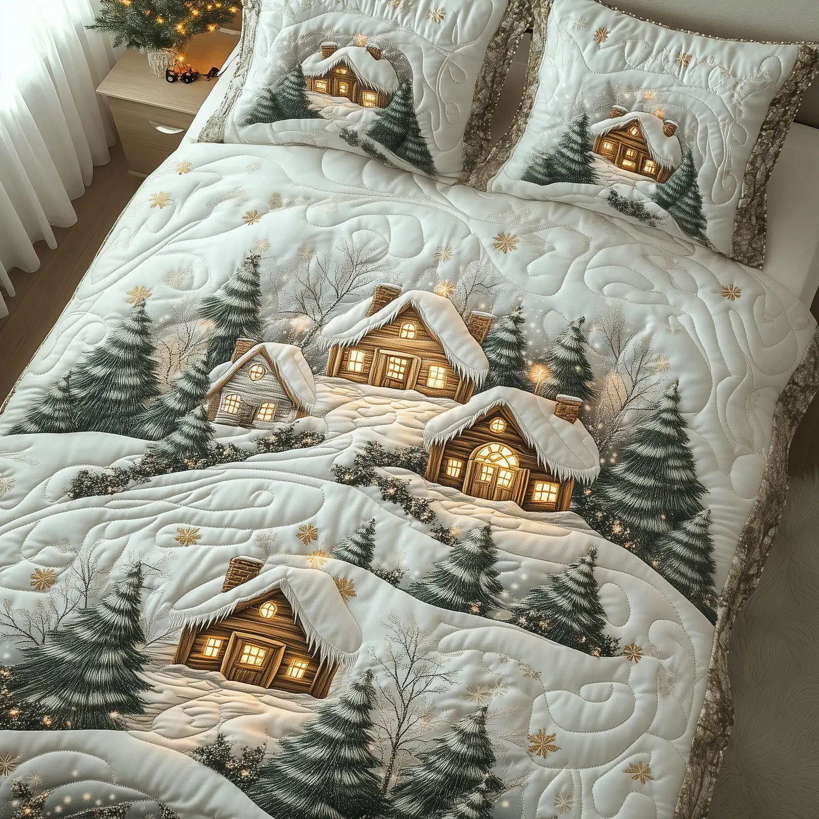 Snowy Village Quilted Bedding Set Duvet Cover Bedspread Christmas Gifts