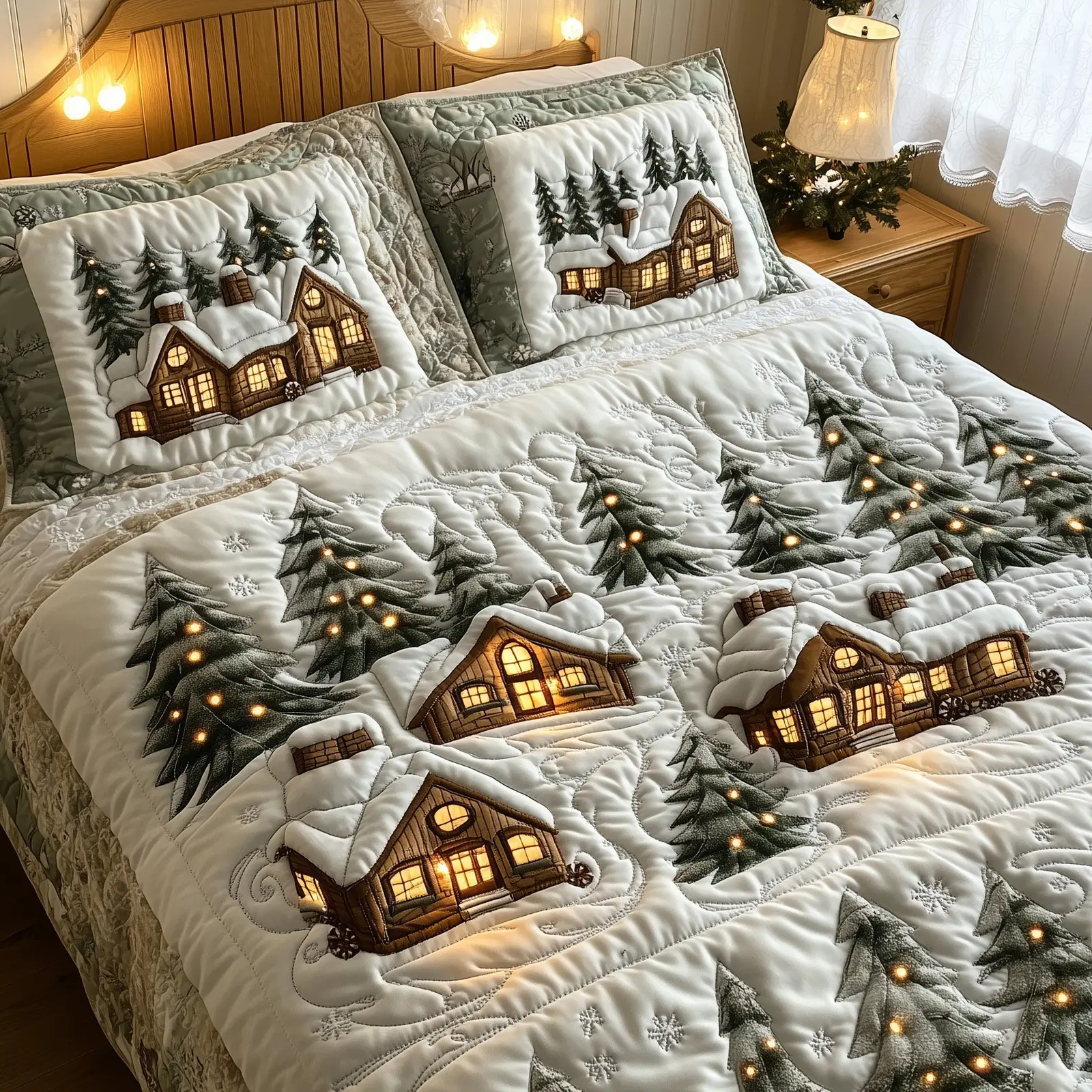 Snowy Village Quilted Bedding Set Duvet Cover Bedspread Christmas Present Ideas