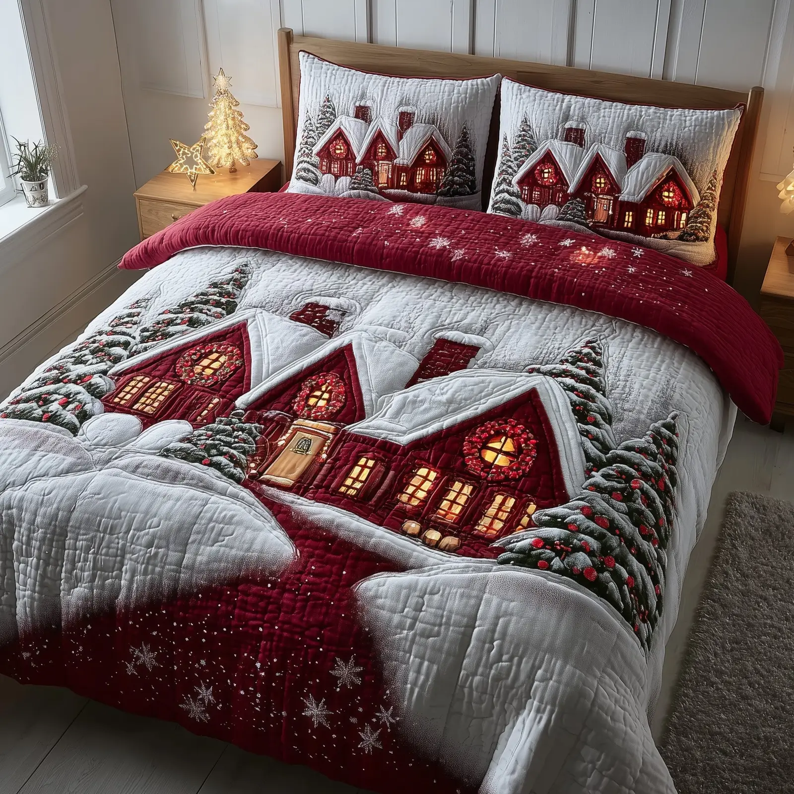 Snowy Village Quilted Bedding Set Room Decor Christmas Holiday Gifts For Her