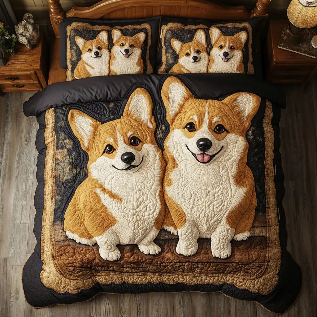 Snuggle Corgi Friend CW02Quilted Bedding Set Duvet Cover Bedspread Bedroom Decor Presents For Men