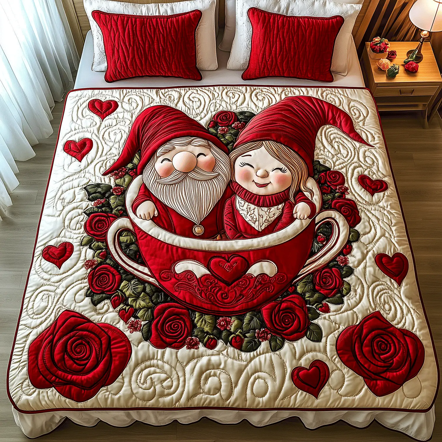 Snuggle Up Gnome Quilted Bedding Set Vintage Home Decor First Valentine Gift For Boyfriend