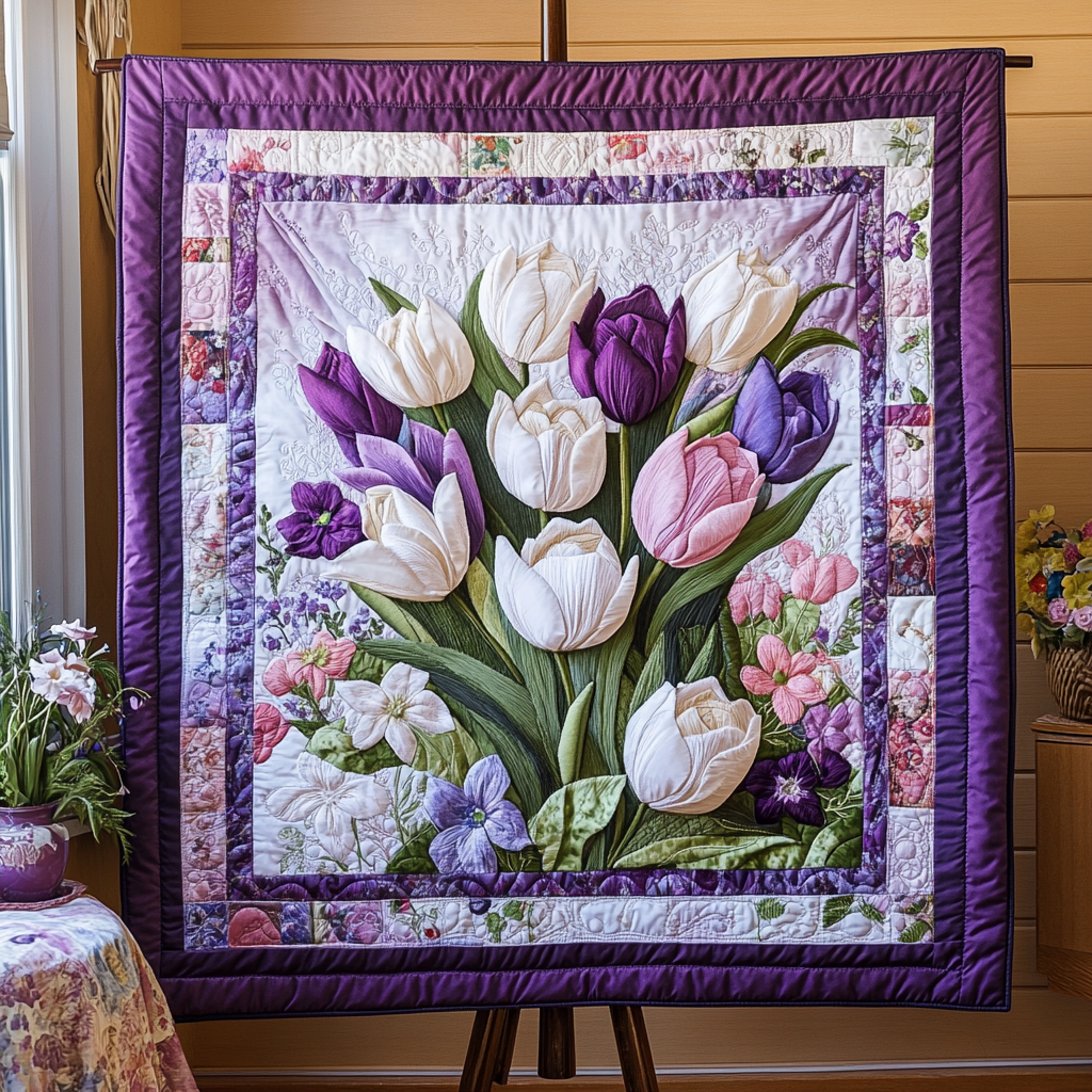 Soft Floral Embrace Quilted Blanket Winter Decor Blanket Gift Ideas For Tulip Lovers