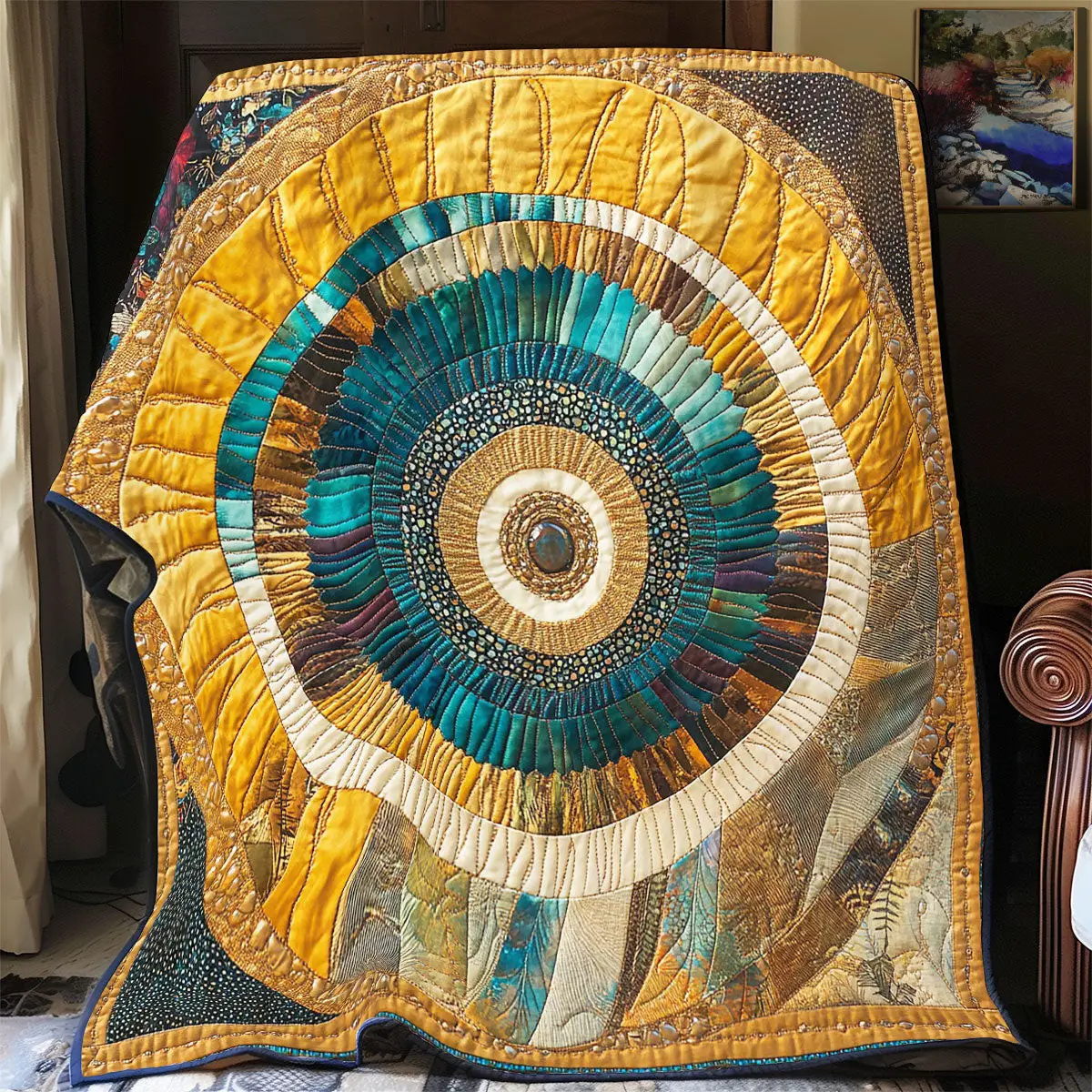 Solar Flare Quilt Blanket Stitched in Gold and Teal Throw Blanket Gift Ideas For Her Solar Flare Quilt Blanket Stitched in Gold and Teal Throw Blanket Gift Ideas For Her - Image 1