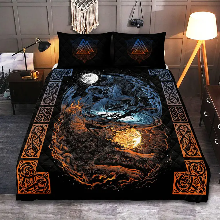 Sons Of Fenrir - Skol & Hati Viking Quilted Bedding Set Bedroom Decor Viking Fan Gifts