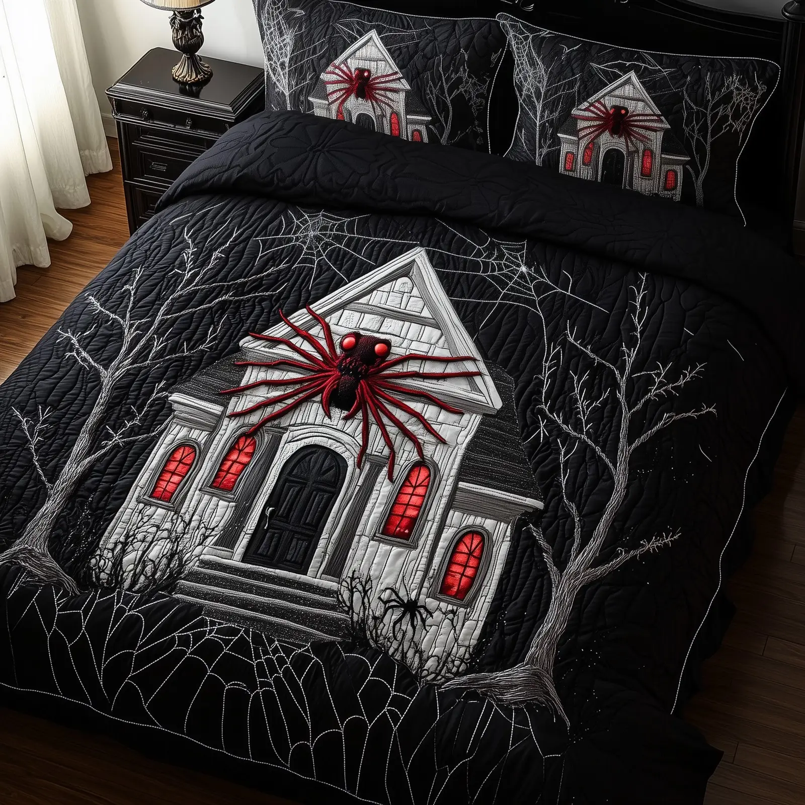 Spider Haunted Pumpkin House Quilted Bedding Set Duvet Cover Bedspread Horror Halloween Gifts