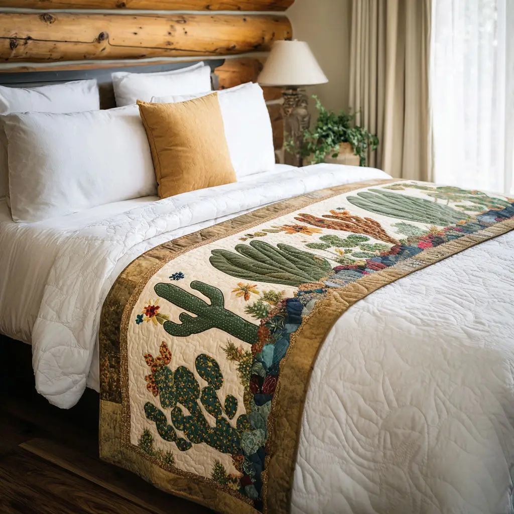 Spiky Serenity Quilted Bed Runner Spiky Serenity Cactus-Themed Gift