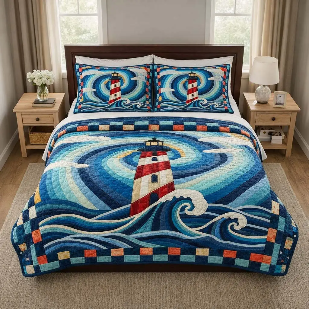Spiral Beacon Quilted Bedding Set Boho Colorful Bedroom Decor Unique Gift For Her